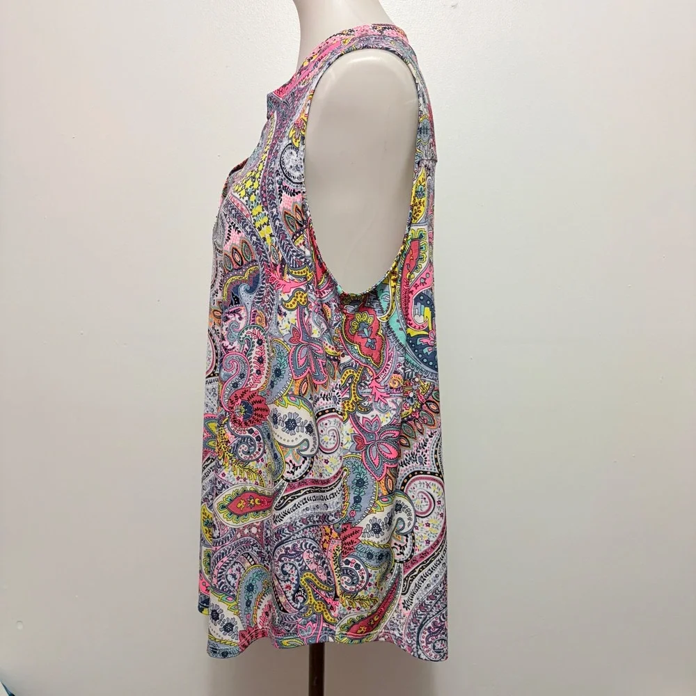 Dear Scarlett Sleeveless Blouse XL Multi Paisley Split Neck Relaxed Fit Top - Picture 3 of 7